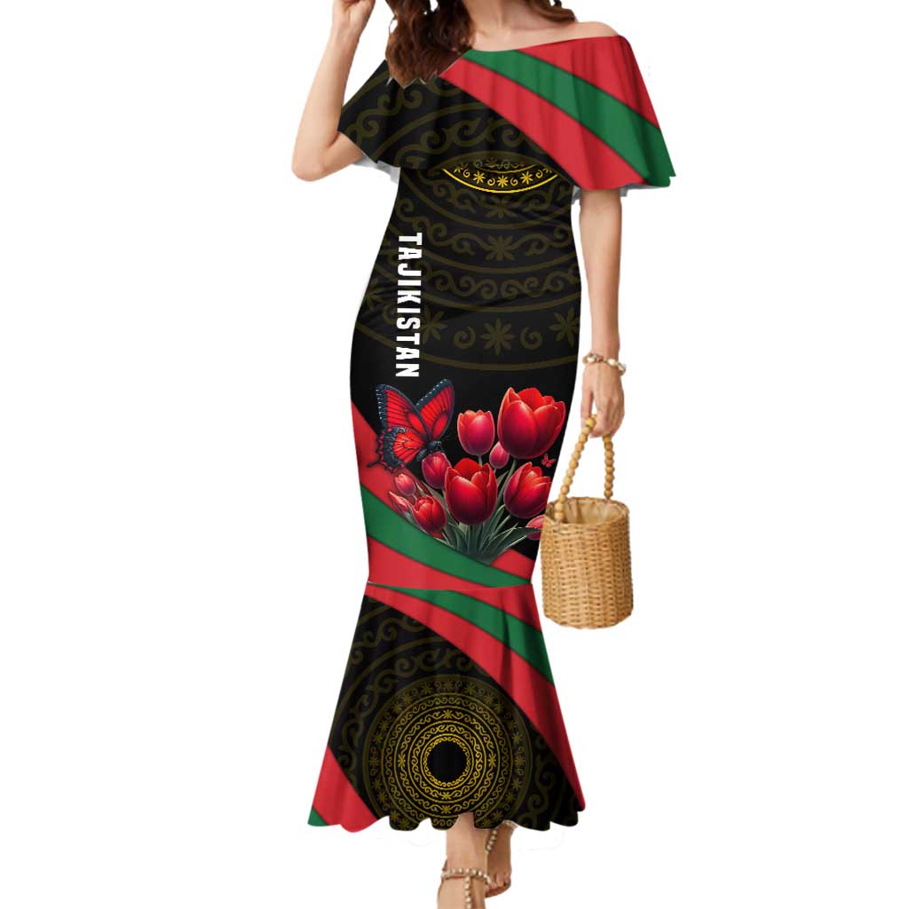 Tajikistan Mermaid Dress Tulip with Red Floral Butterfly with Black Gold Folk Pattern