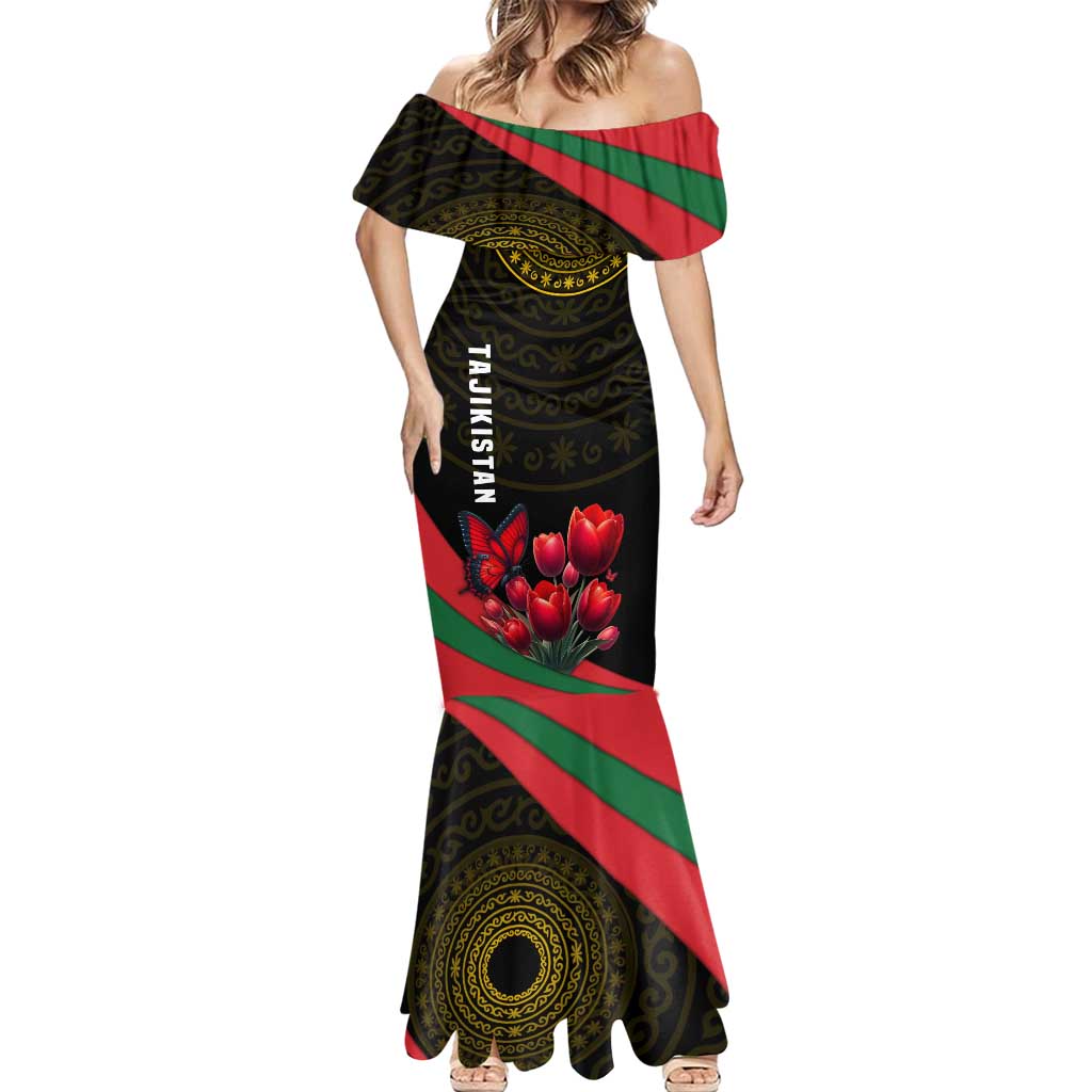 Tajikistan Mermaid Dress Tulip with Red Floral Butterfly with Black Gold Folk Pattern