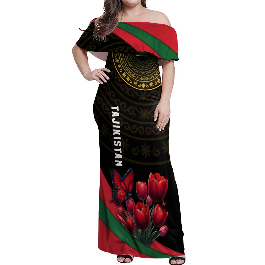 Tajikistan Off Shoulder Maxi Dress Tulip with Red Floral Butterfly with Black Gold Folk Pattern