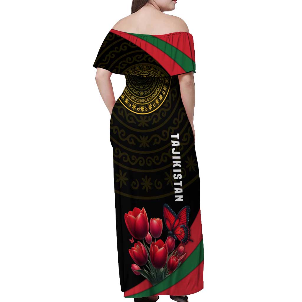 Tajikistan Off Shoulder Maxi Dress Tulip with Red Floral Butterfly with Black Gold Folk Pattern
