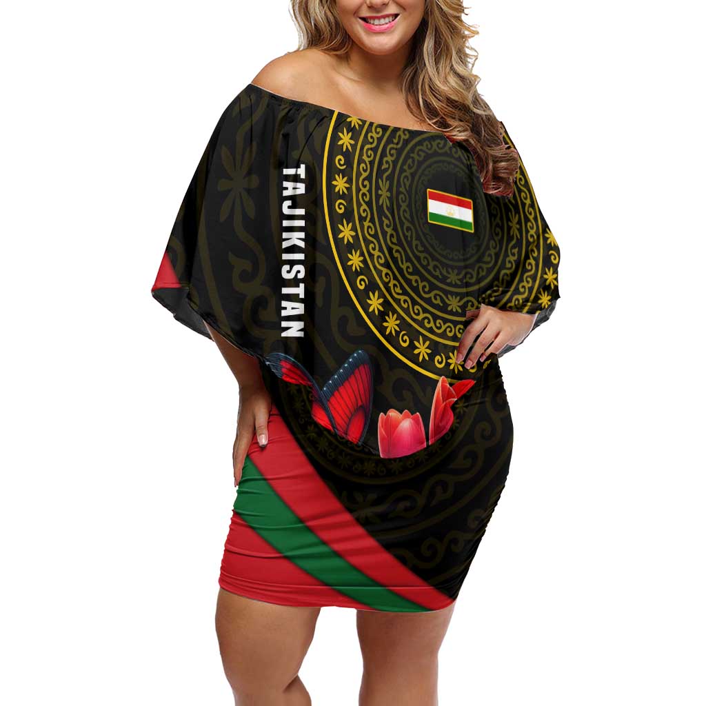 Tajikistan Off Shoulder Short Dress Tulip with Red Floral Butterfly with Black Gold Folk Pattern