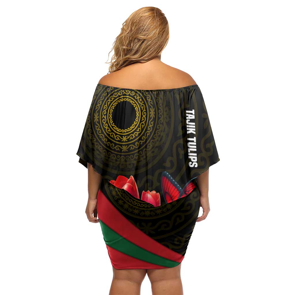 Tajikistan Off Shoulder Short Dress Tulip with Red Floral Butterfly with Black Gold Folk Pattern