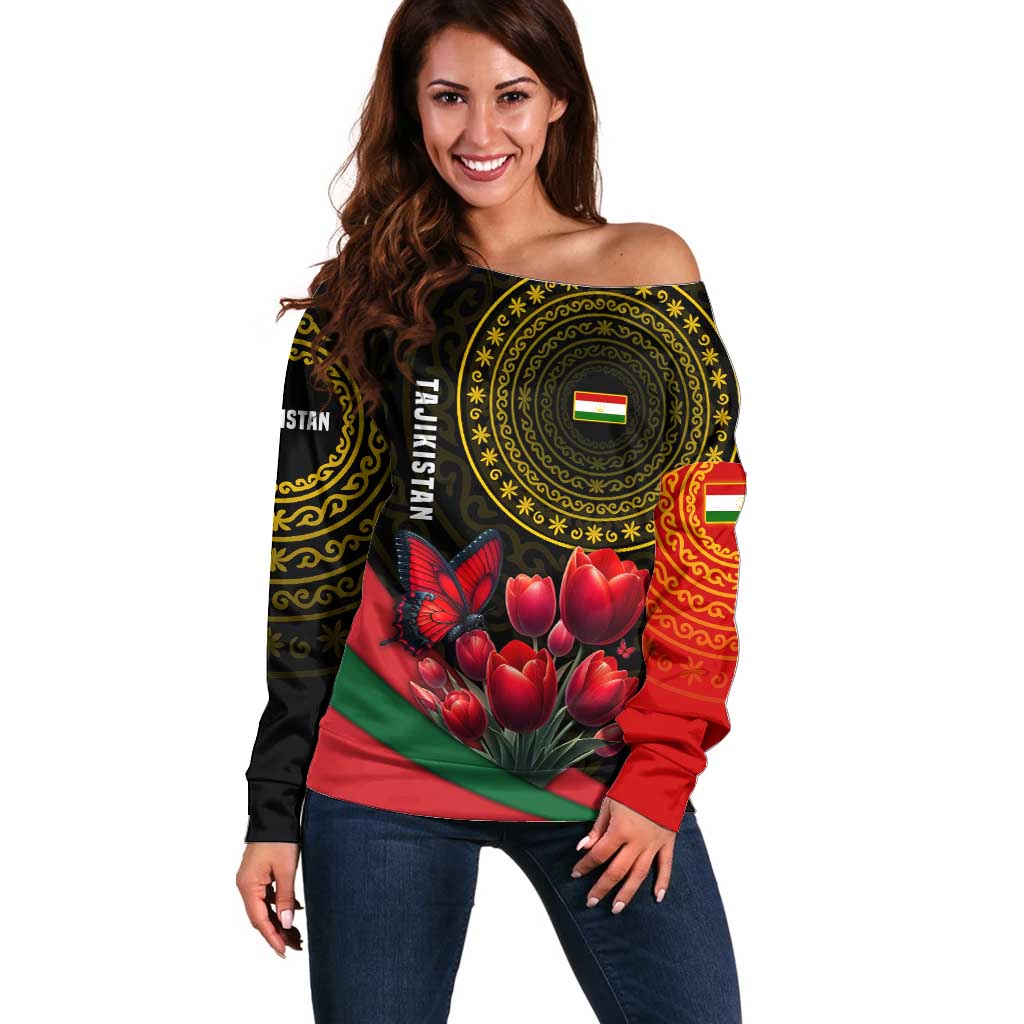 Tajikistan Off Shoulder Sweater Tulip with Red Floral Butterfly with Black Gold Folk Pattern