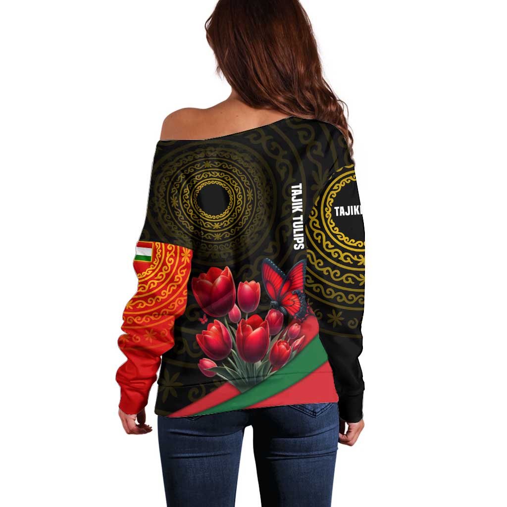 Tajikistan Off Shoulder Sweater Tulip with Red Floral Butterfly with Black Gold Folk Pattern