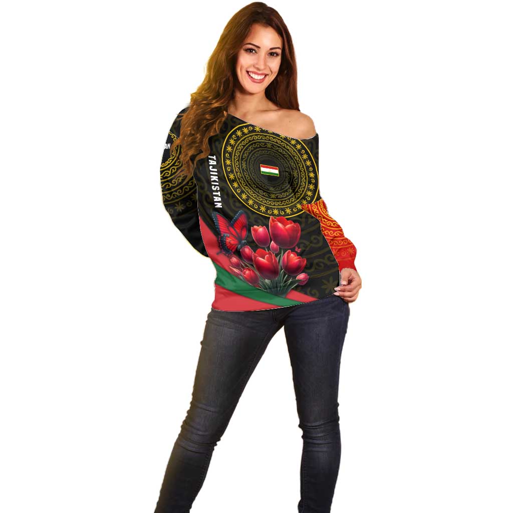 Tajikistan Off Shoulder Sweater Tulip with Red Floral Butterfly with Black Gold Folk Pattern