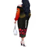 Tajikistan Off The Shoulder Long Sleeve Dress Tulip with Red Floral Butterfly with Black Gold Folk Pattern