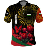 Tajikistan Polo Shirt Tulip with Red Floral Butterfly with Black Gold Folk Pattern