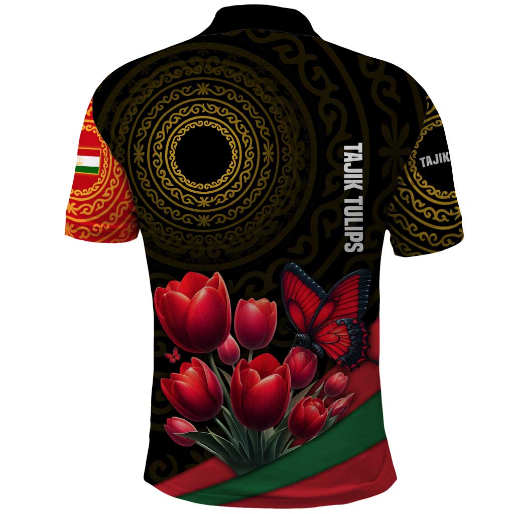 Tajikistan Polo Shirt Tulip with Red Floral Butterfly with Black Gold Folk Pattern