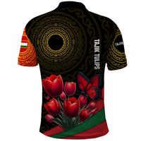 Tajikistan Polo Shirt Tulip with Red Floral Butterfly with Black Gold Folk Pattern