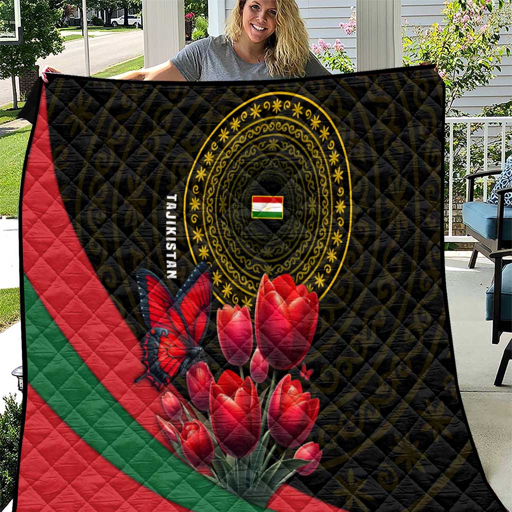 Tajikistan Quilt Tulip with Red Floral Butterfly with Black Gold Folk Pattern