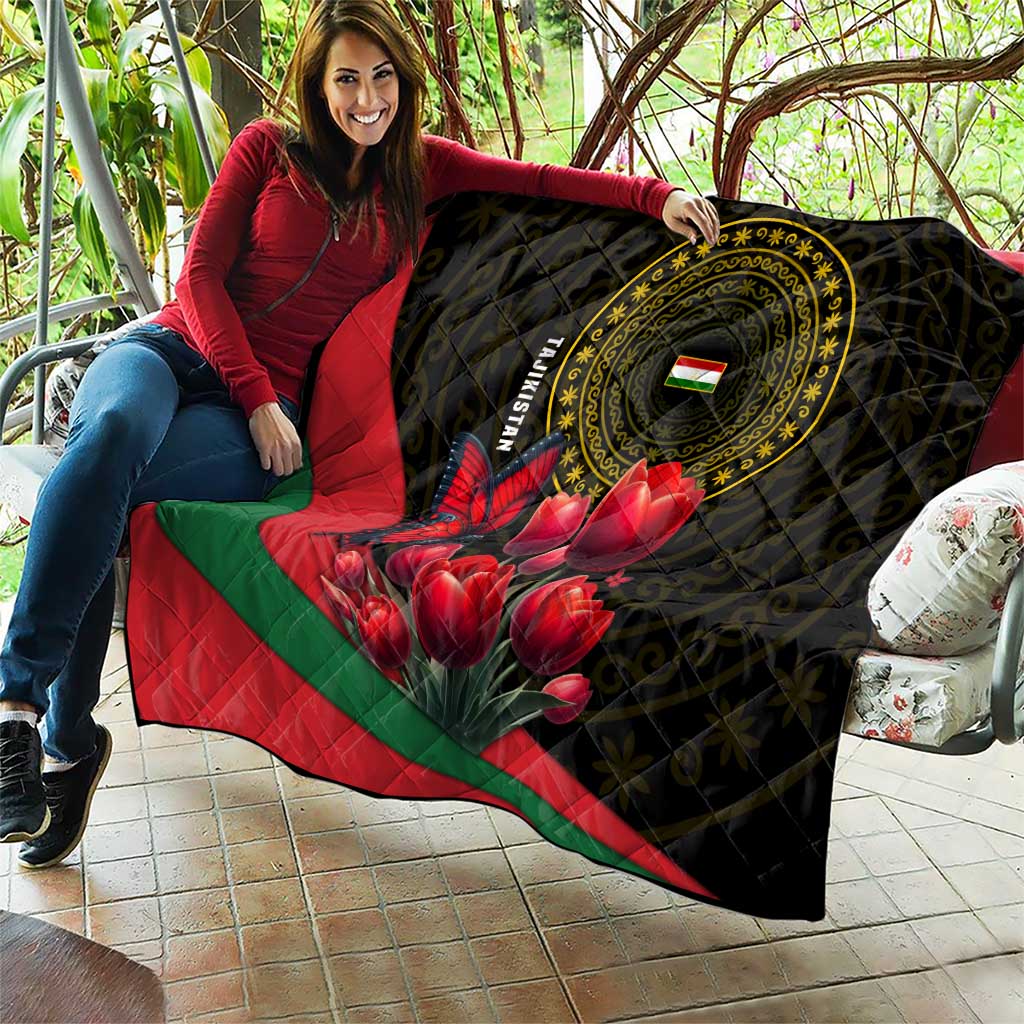 Tajikistan Quilt Tulip with Red Floral Butterfly with Black Gold Folk Pattern