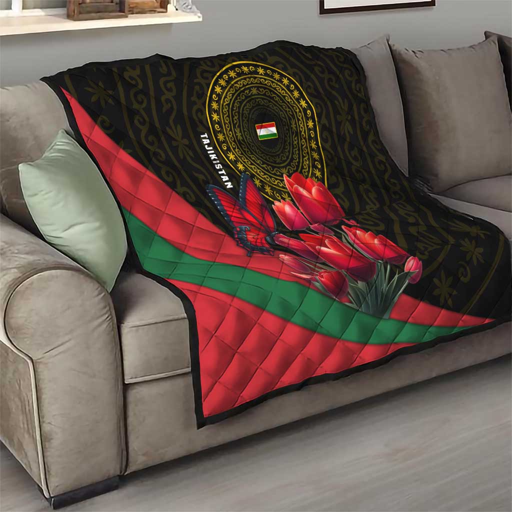 Tajikistan Quilt Tulip with Red Floral Butterfly with Black Gold Folk Pattern