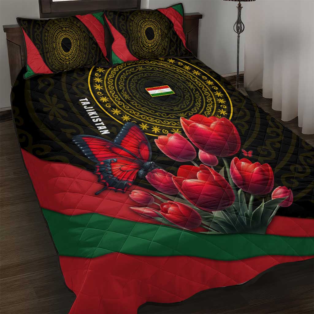 Tajikistan Quilt Bed Set Tulip with Red Floral Butterfly with Black Gold Folk Pattern