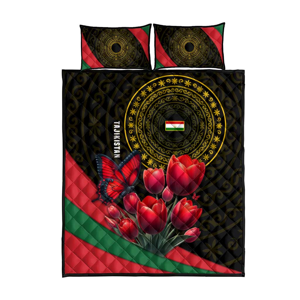 Tajikistan Quilt Bed Set Tulip with Red Floral Butterfly with Black Gold Folk Pattern