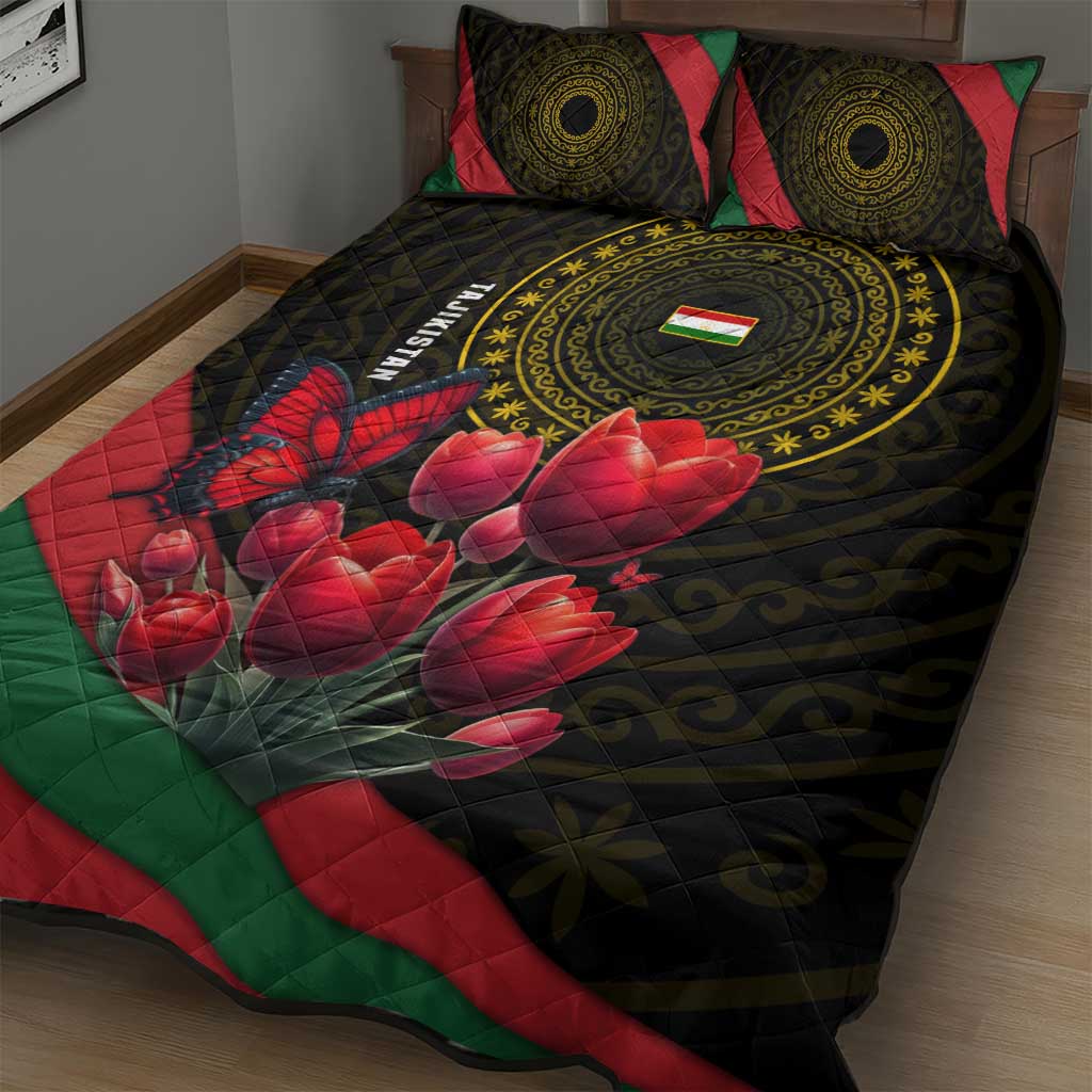 Tajikistan Quilt Bed Set Tulip with Red Floral Butterfly with Black Gold Folk Pattern