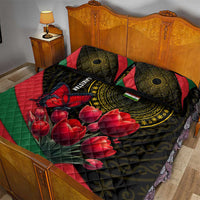 Tajikistan Quilt Bed Set Tulip with Red Floral Butterfly with Black Gold Folk Pattern