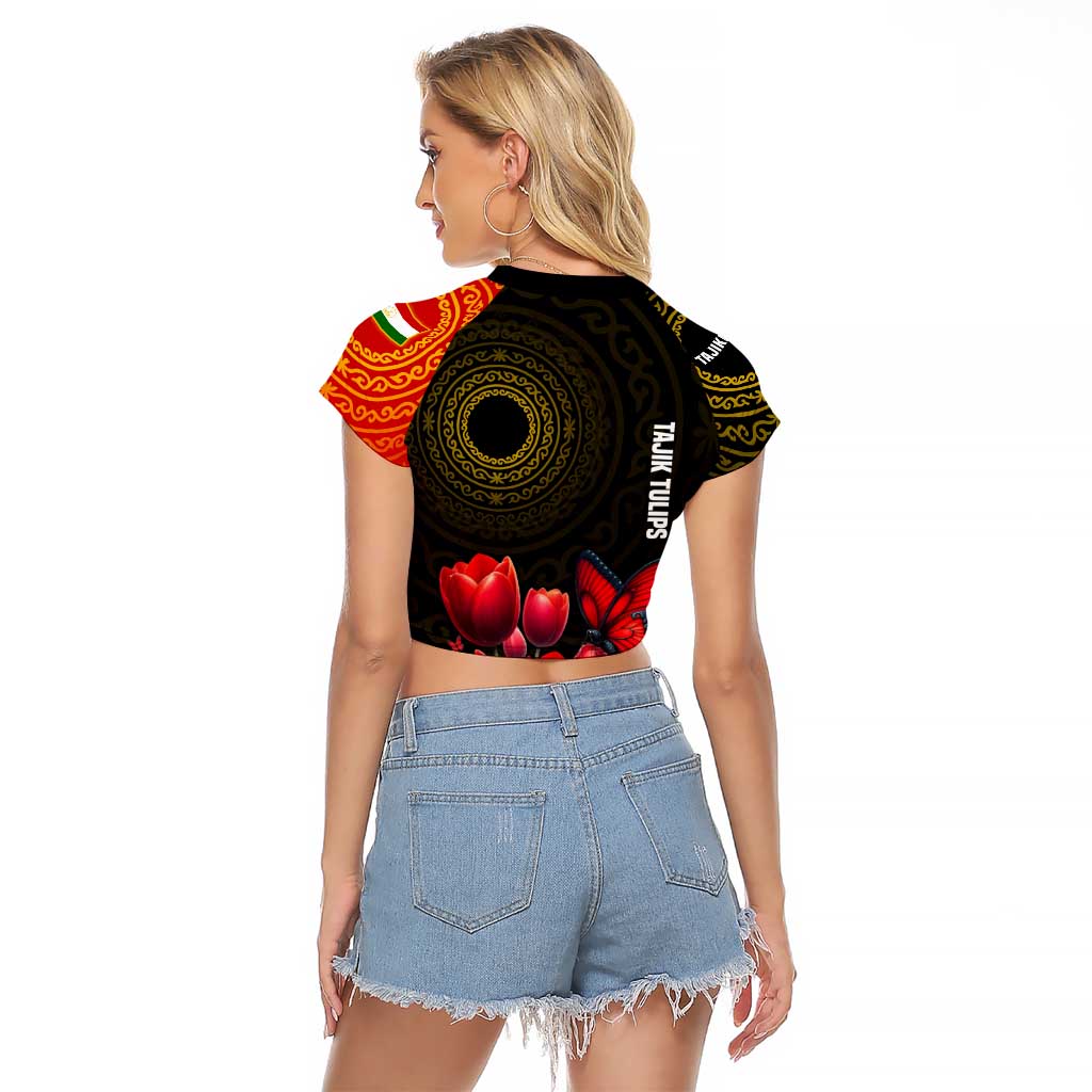 Tajikistan Raglan Cropped T Shirt Tulip with Red Floral Butterfly with Black Gold Folk Pattern