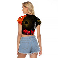 Tajikistan Raglan Cropped T Shirt Tulip with Red Floral Butterfly with Black Gold Folk Pattern