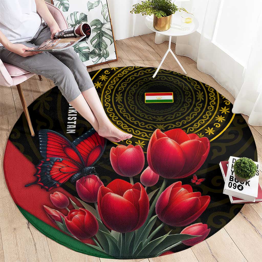 Tajikistan Round Carpet Tulip with Red Floral Butterfly with Black Gold Folk Pattern