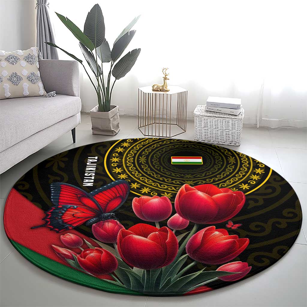 Tajikistan Round Carpet Tulip with Red Floral Butterfly with Black Gold Folk Pattern