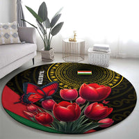 Tajikistan Round Carpet Tulip with Red Floral Butterfly with Black Gold Folk Pattern
