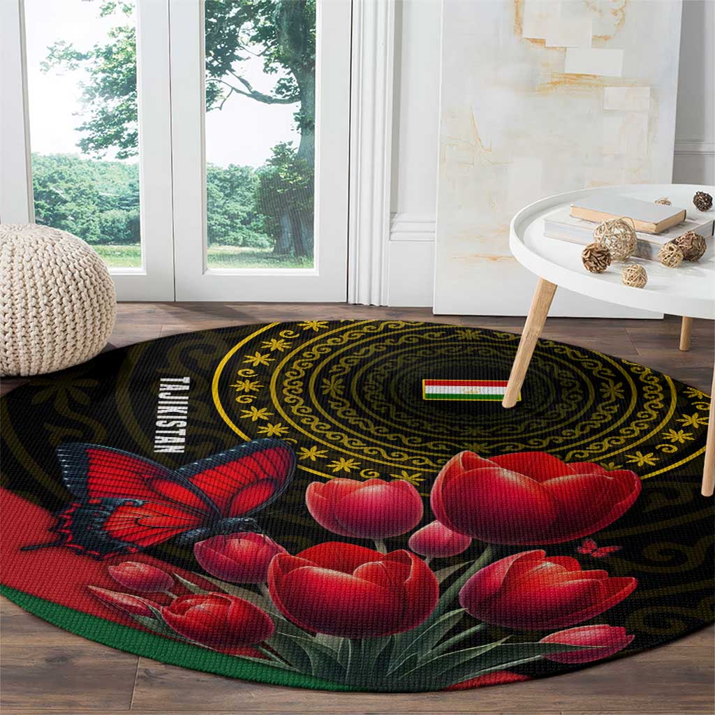 Tajikistan Round Carpet Tulip with Red Floral Butterfly with Black Gold Folk Pattern