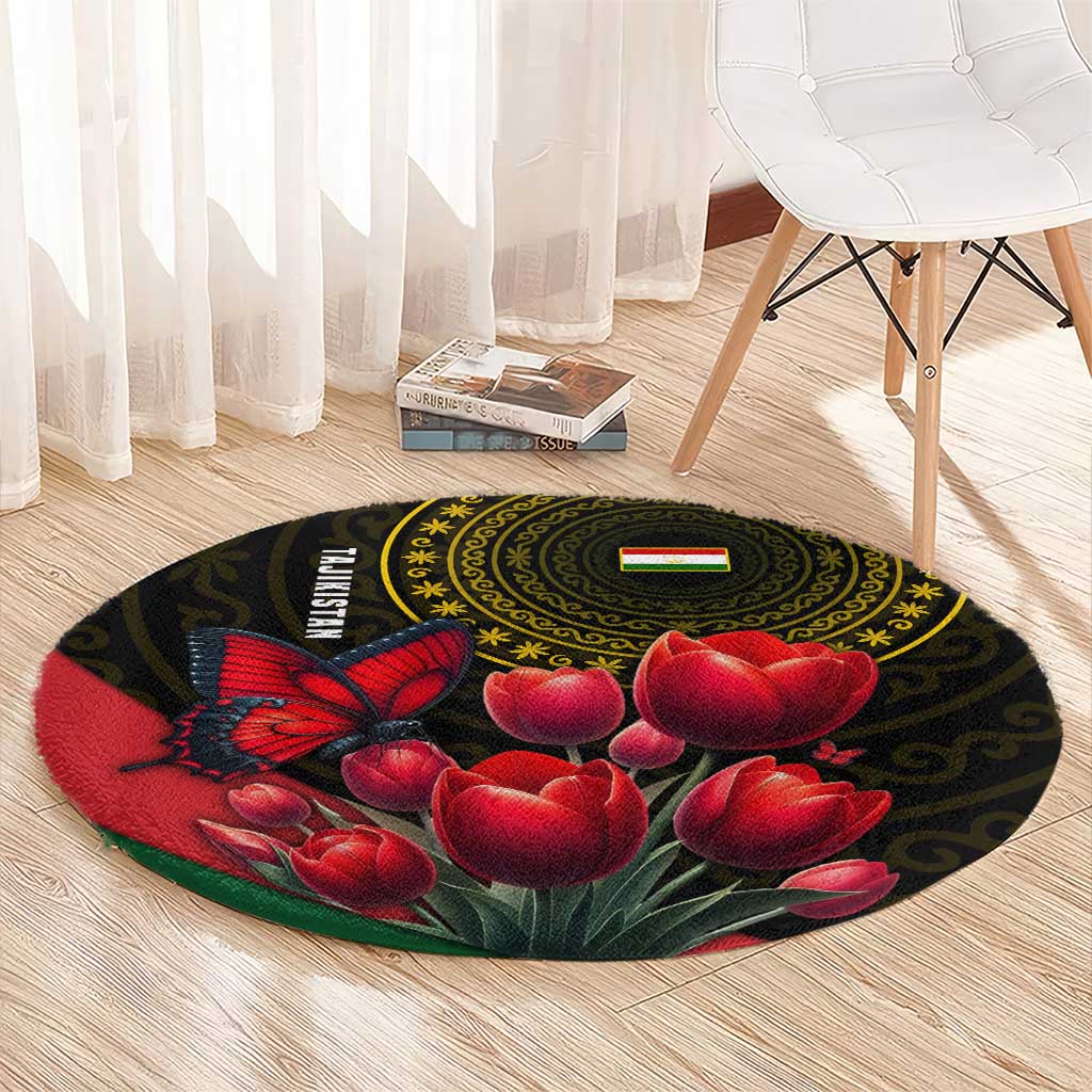 Tajikistan Round Carpet Tulip with Red Floral Butterfly with Black Gold Folk Pattern