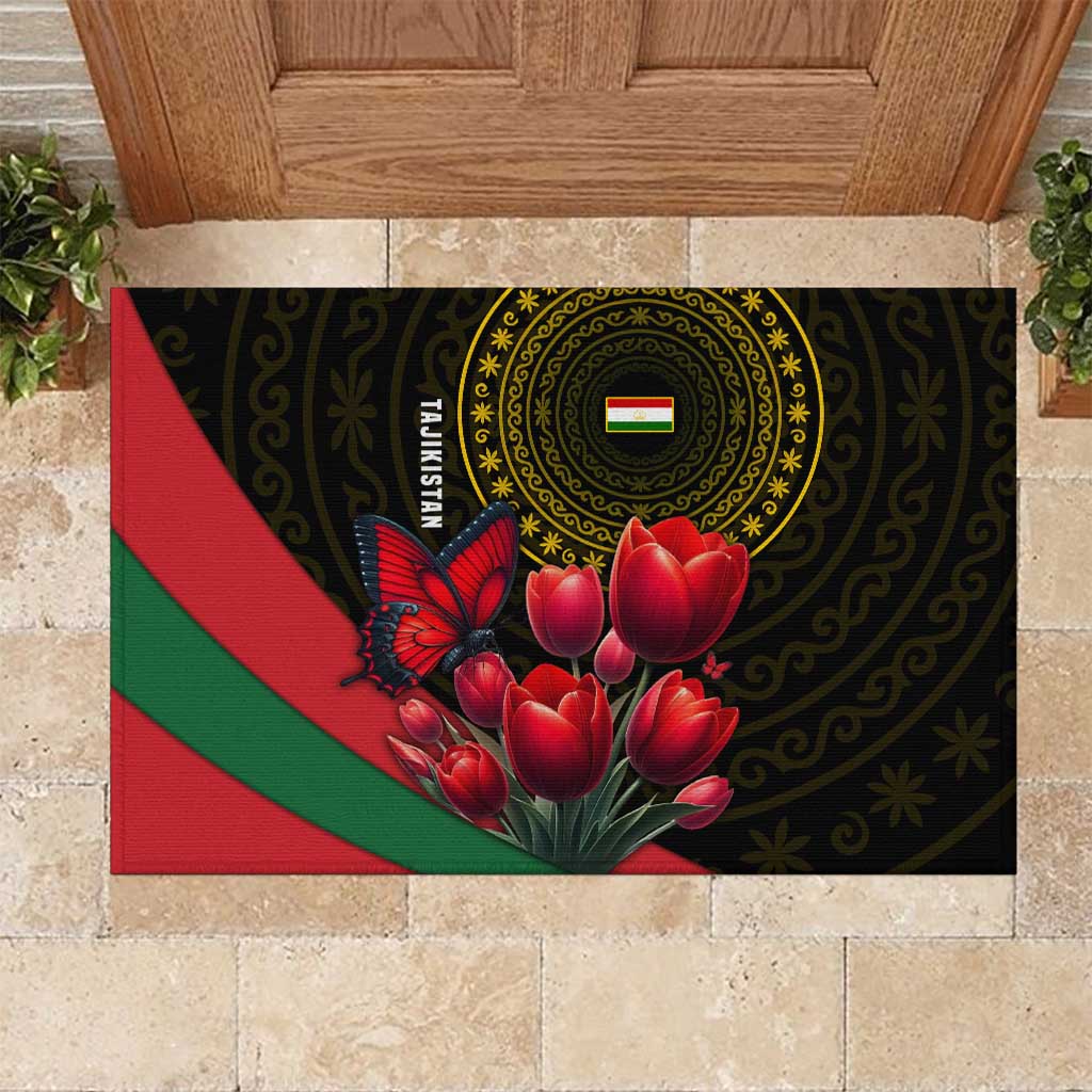 Tajikistan Rubber Doormat Tulip with Red Floral Butterfly with Black Gold Folk Pattern