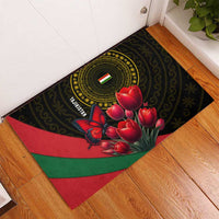 Tajikistan Rubber Doormat Tulip with Red Floral Butterfly with Black Gold Folk Pattern