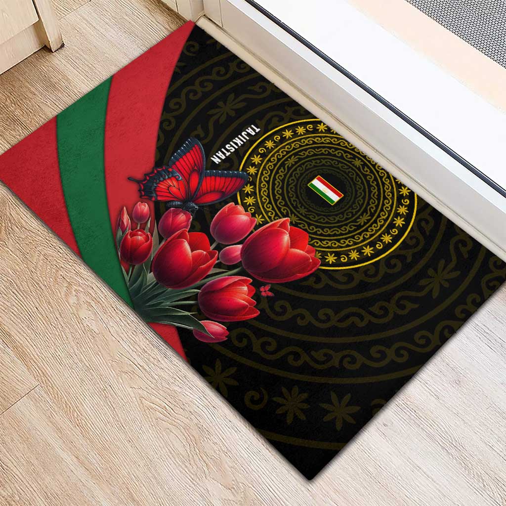 Tajikistan Rubber Doormat Tulip with Red Floral Butterfly with Black Gold Folk Pattern