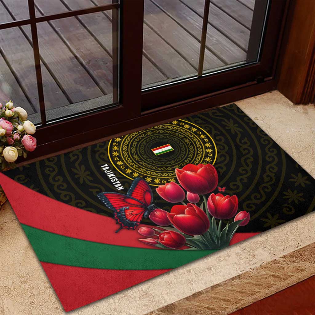 Tajikistan Rubber Doormat Tulip with Red Floral Butterfly with Black Gold Folk Pattern