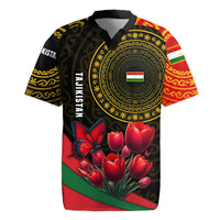 Tajikistan Rugby Jersey Tulip with Red Floral Butterfly with Black Gold Folk Pattern