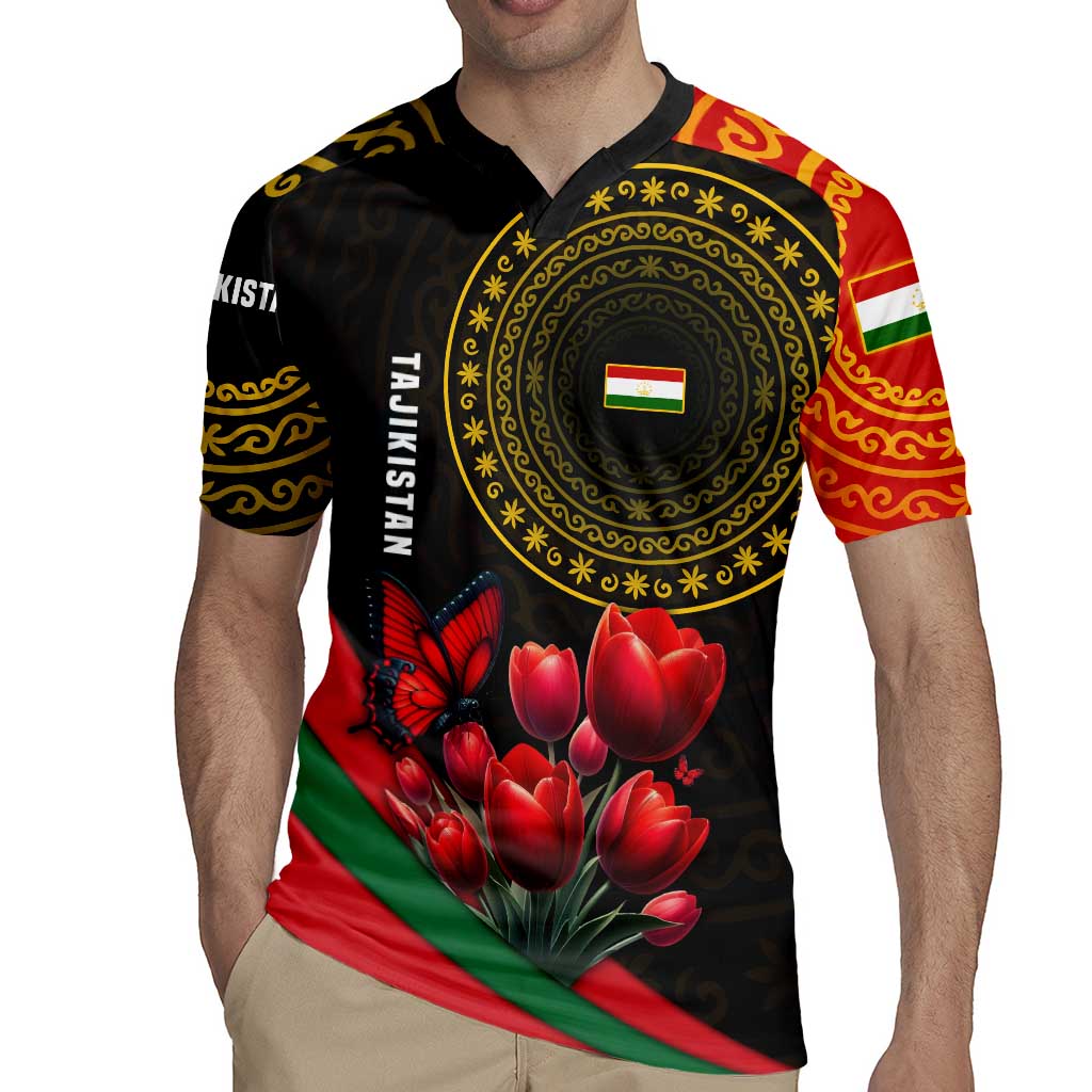 Tajikistan Rugby Jersey Tulip with Red Floral Butterfly with Black Gold Folk Pattern