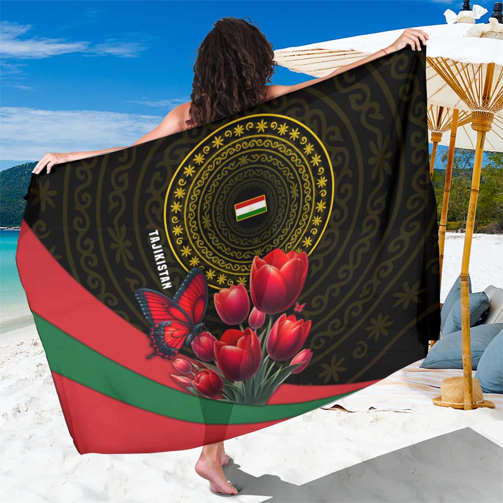 Tajikistan Sarong Tulip with Red Floral Butterfly with Black Gold Folk Pattern