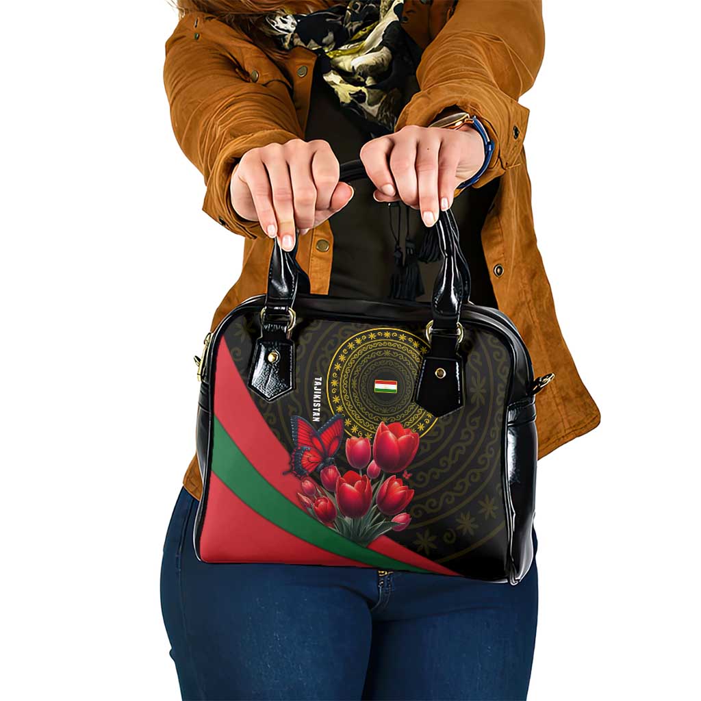 Tajikistan Shoulder Handbag Tulip with Red Floral Butterfly with Black Gold Folk Pattern