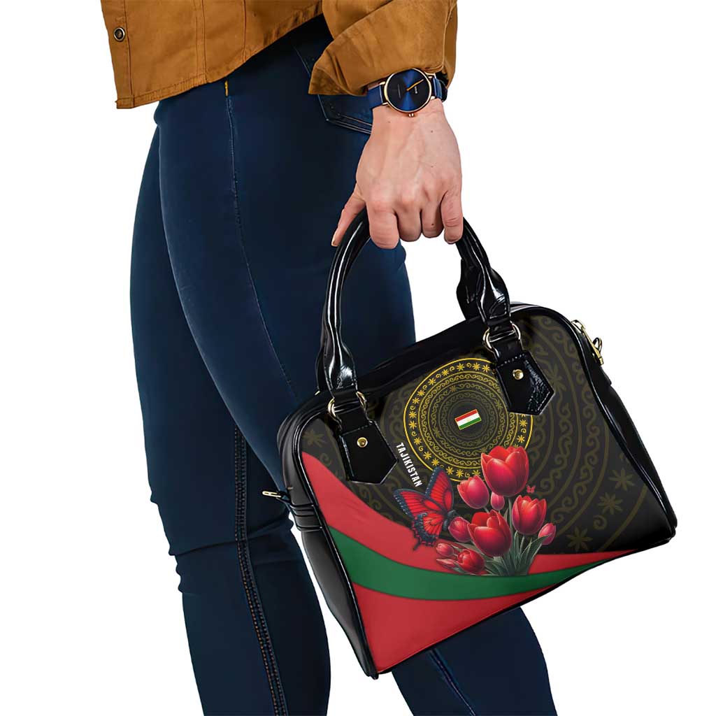Tajikistan Shoulder Handbag Tulip with Red Floral Butterfly with Black Gold Folk Pattern