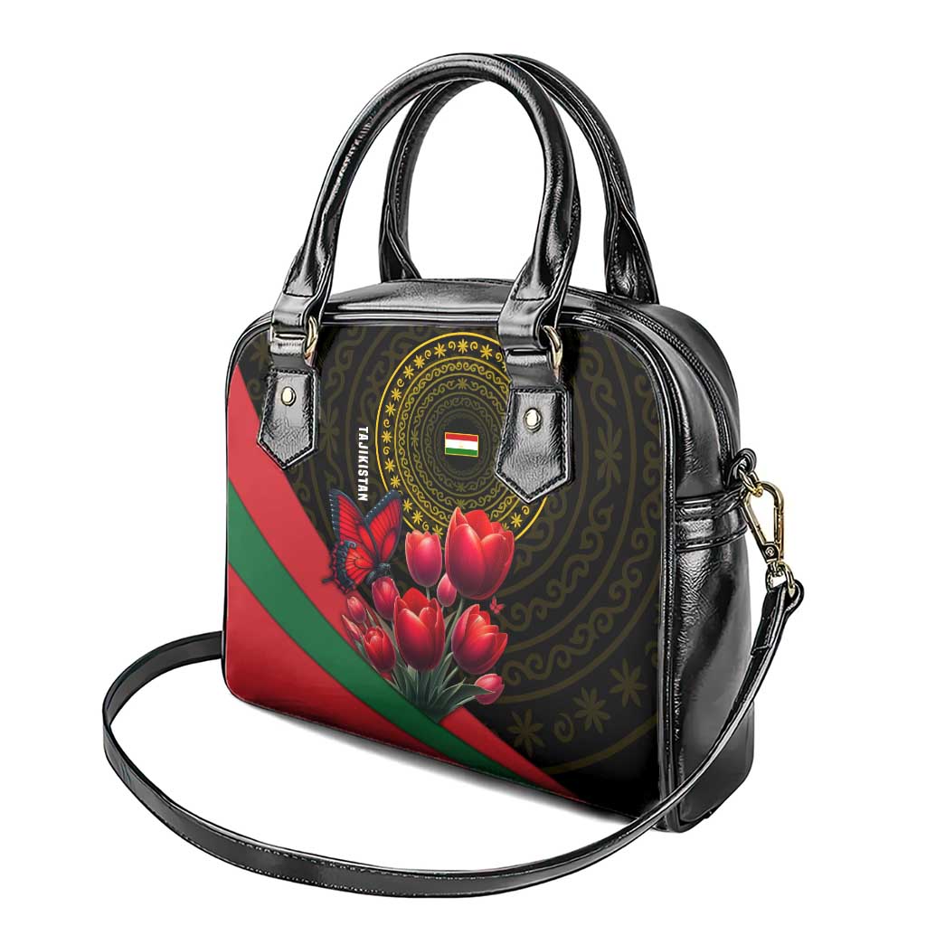 Tajikistan Shoulder Handbag Tulip with Red Floral Butterfly with Black Gold Folk Pattern
