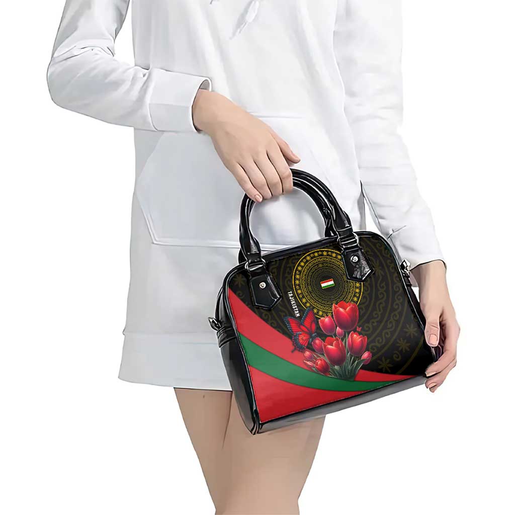 Tajikistan Shoulder Handbag Tulip with Red Floral Butterfly with Black Gold Folk Pattern