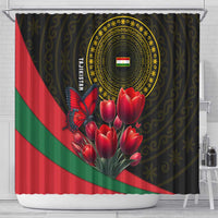 Tajikistan Shower Curtain Tulip with Red Floral Butterfly with Black Gold Folk Pattern