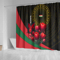 Tajikistan Shower Curtain Tulip with Red Floral Butterfly with Black Gold Folk Pattern