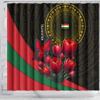 Tajikistan Shower Curtain Tulip with Red Floral Butterfly with Black Gold Folk Pattern