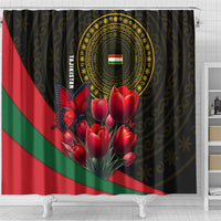 Tajikistan Shower Curtain Tulip with Red Floral Butterfly with Black Gold Folk Pattern