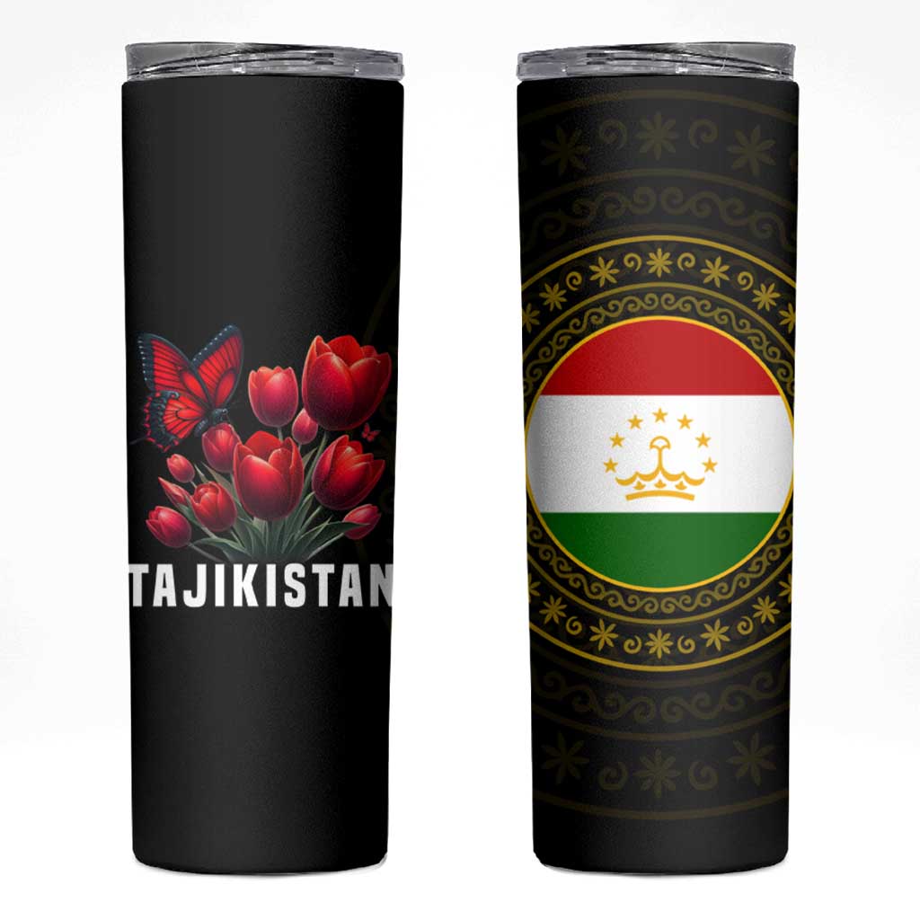 Tajikistan Skinny Tumbler Tulip with Red Floral Butterfly with Black Gold Folk Pattern