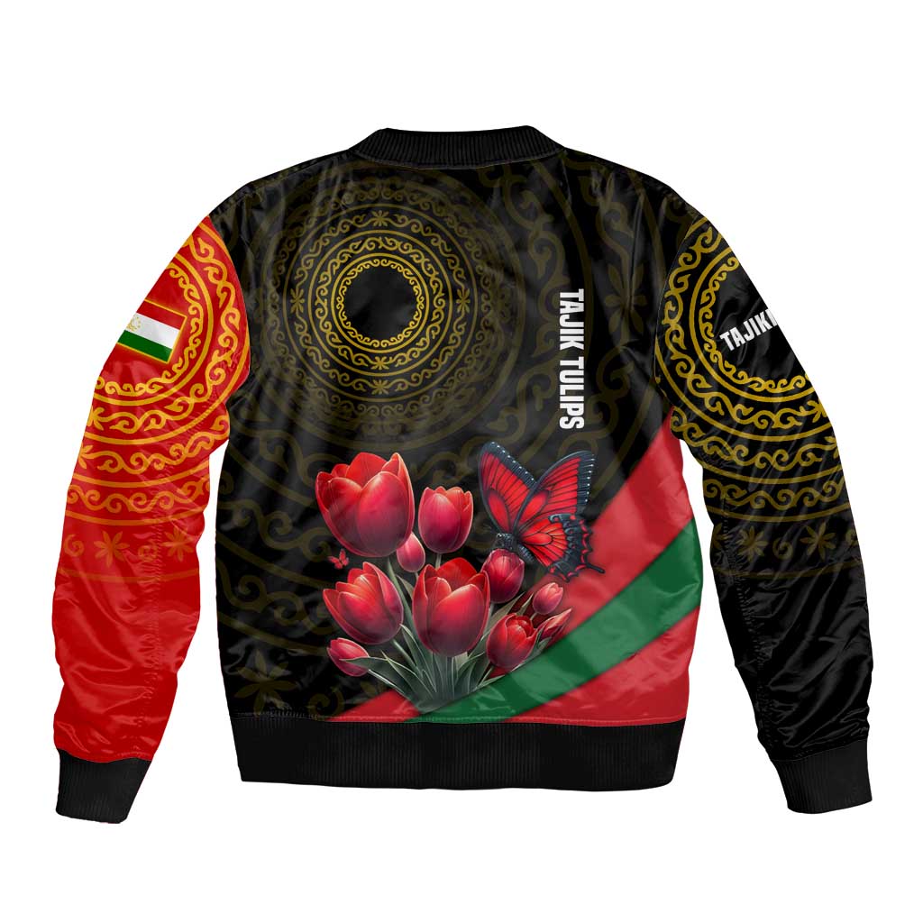 Tajikistan Sleeve Zip Bomber Jacket Tulip with Red Floral Butterfly with Black Gold Folk Pattern