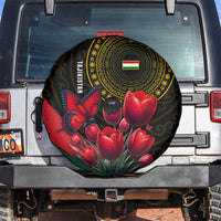 Tajikistan Spare Tire Cover Tulip with Red Floral Butterfly with Black Gold Folk Pattern