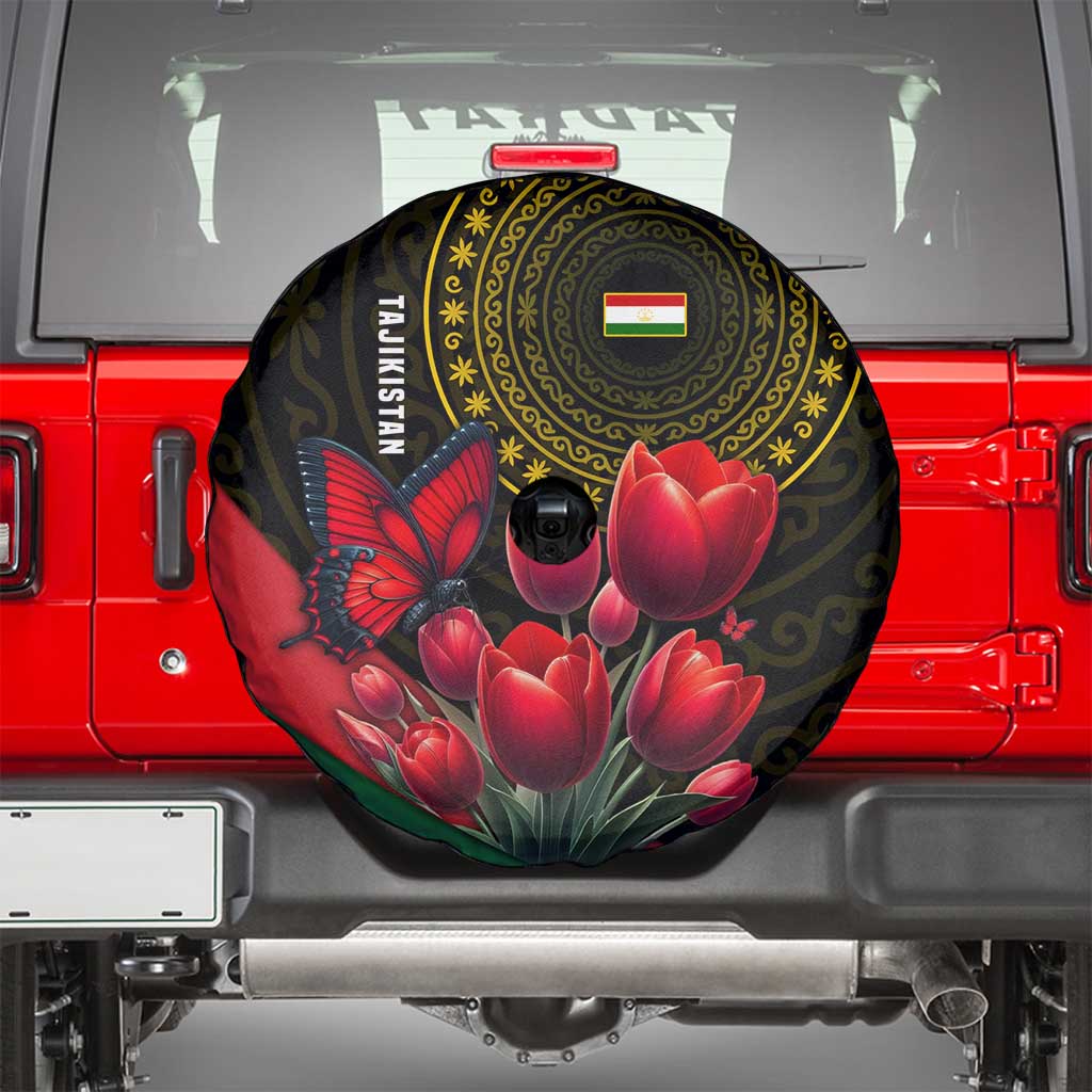 Tajikistan Spare Tire Cover Tulip with Red Floral Butterfly with Black Gold Folk Pattern