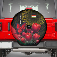Tajikistan Spare Tire Cover Tulip with Red Floral Butterfly with Black Gold Folk Pattern