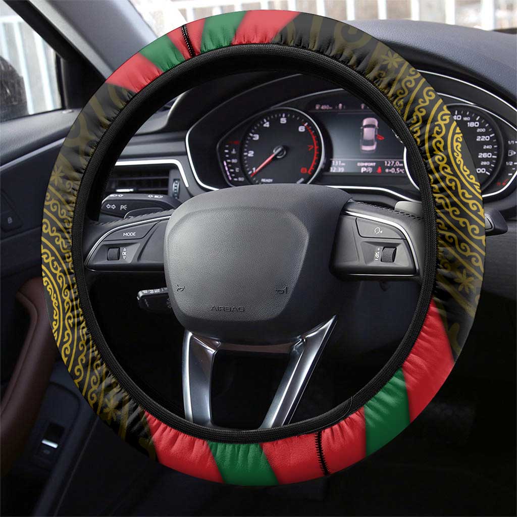 Tajikistan Steering Wheel Cover Tulip with Red Floral Butterfly with Black Gold Folk Pattern