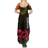 Tajikistan Summer Maxi Dress Tulip with Red Floral Butterfly with Black Gold Folk Pattern