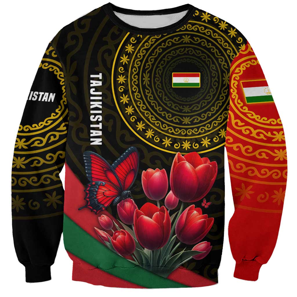 Tajikistan Sweatshirt Tulip with Red Floral Butterfly with Black Gold Folk Pattern